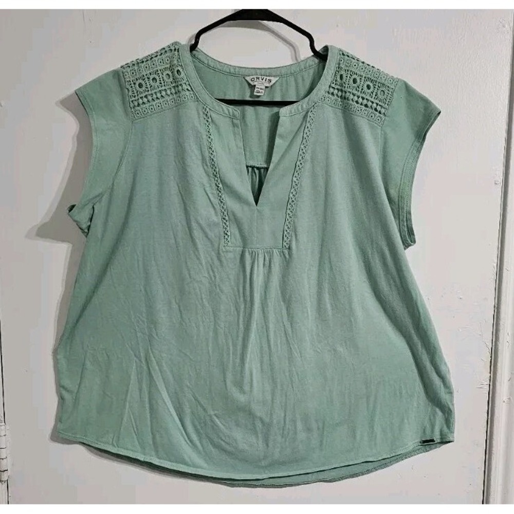 Orvis Anna Crochet Top Womens 2X Green V-Neck Casual Flowy Beach Lounge Wear - Picture 2 of 10